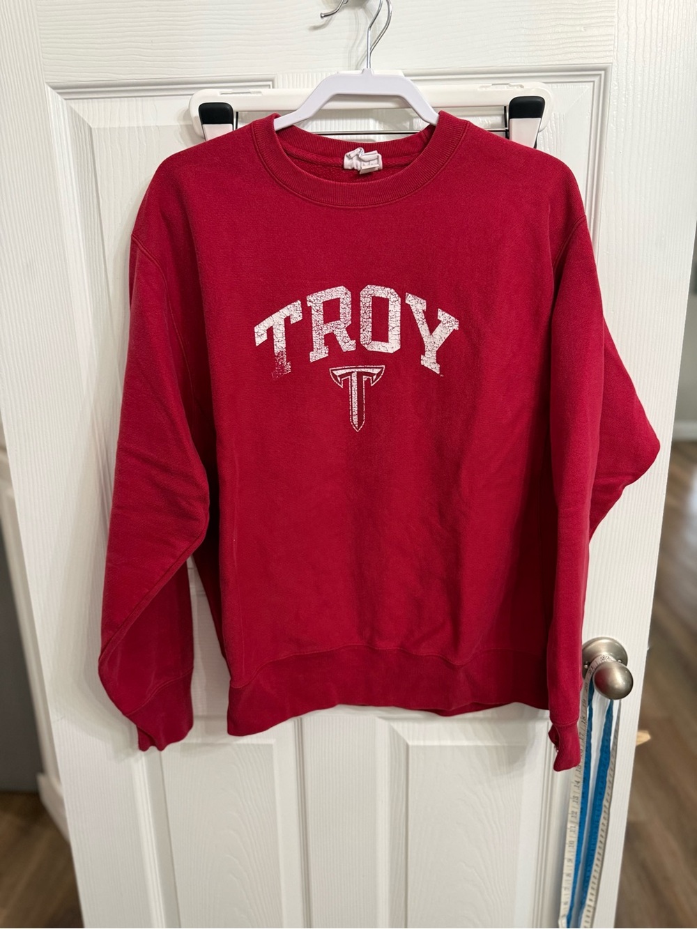 Champion Reverse Weave Troy University Distressed Logo Red Sweatshirt L